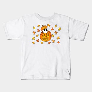 Cartoon Ghost in Jack o Lantern Pumpkin with Fall Leaves, made by EndlessEmporium Kids T-Shirt